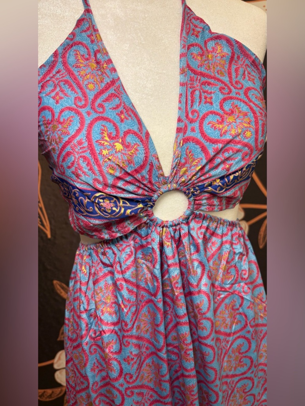 NWOT ROMANTIC Blue Pink Paisley Halter Maxi Dress Cutout Backless Boho - Picture 5 of 8